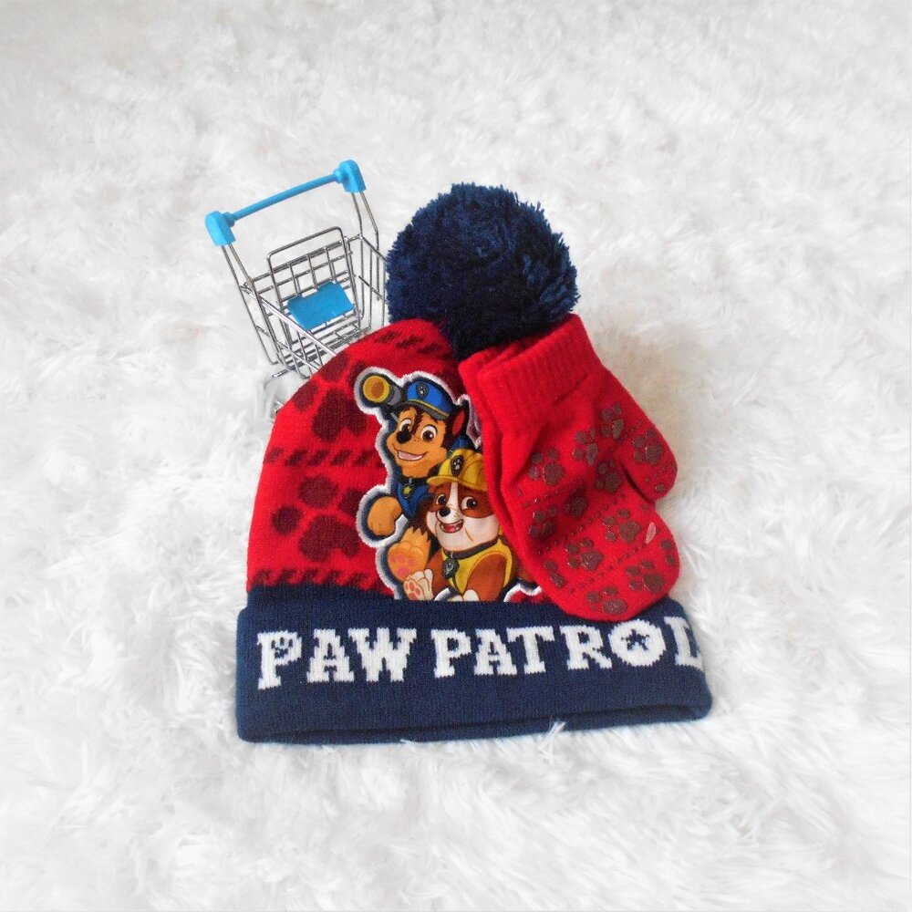 Paw Patrol Beanie and Mittens Set Boys Toddler Blue Red Chase Rubble Marshall